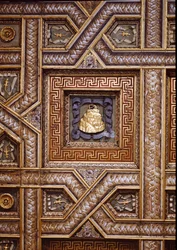 Sala dei Cavalli, vista del techo con las impresiones talladas de Gonzaga del Monte Olimpo, lagartijas y rosetones ornamentados bordeados por patrones de meandro trompe l